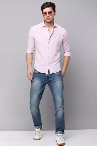 men's long sleeves vertical stripes pink shirt