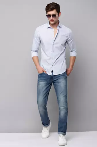men's long sleeves geometric blue shirt