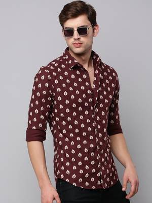 men's long sleeves conversational coffee brown shirt 1