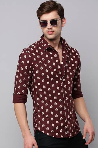 men's long sleeves conversational coffee brown shirt