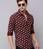 men's long sleeves conversational coffee brown shirt
