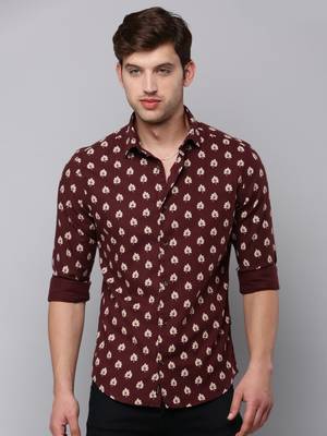 men's long sleeves conversational coffee brown shirt 2