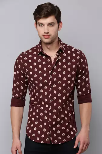 men's long sleeves conversational coffee brown shirt