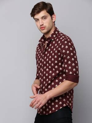 men's long sleeves conversational coffee brown shirt 3