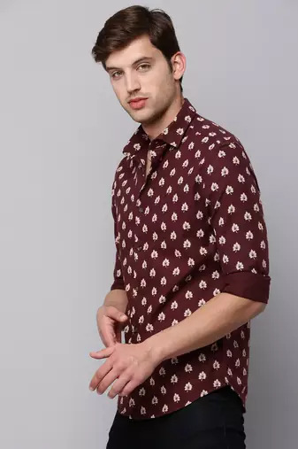 men's long sleeves conversational coffee brown shirt