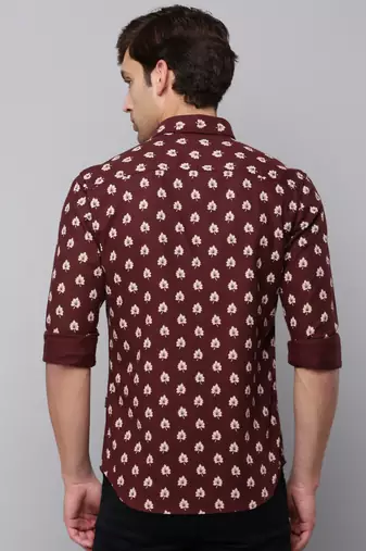 men's long sleeves conversational coffee brown shirt