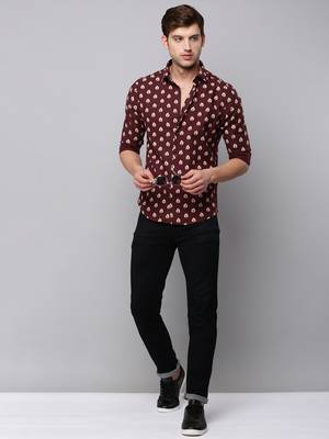 men's long sleeves conversational coffee brown shirt 5
