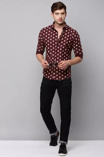 men's long sleeves conversational coffee brown shirt