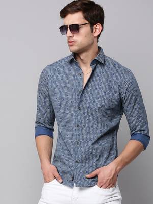 men's long sleeves geometric blue shirt 1