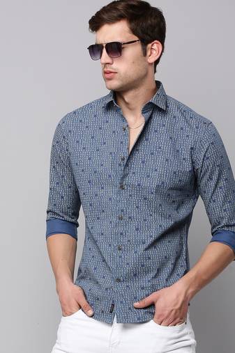 men's long sleeves geometric blue shirt