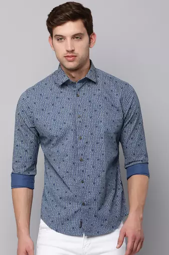 men's long sleeves geometric blue shirt