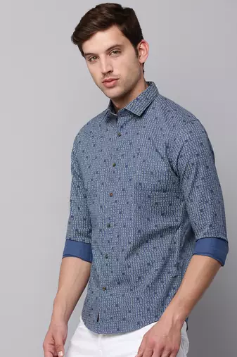 men's long sleeves geometric blue shirt