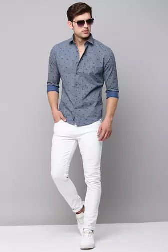 men's long sleeves geometric blue shirt