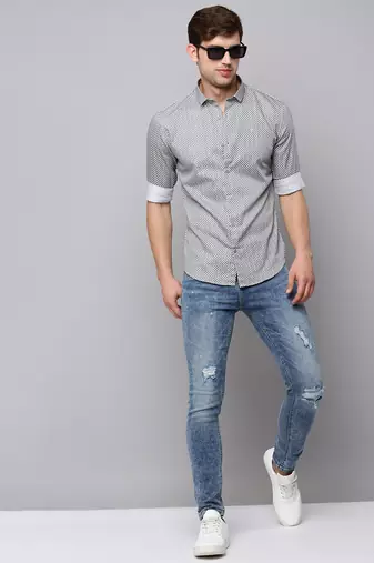 men's long sleeves geometric cream shirt