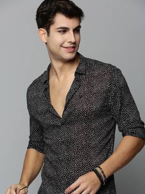 men's long sleeves polka dots black shirt 1