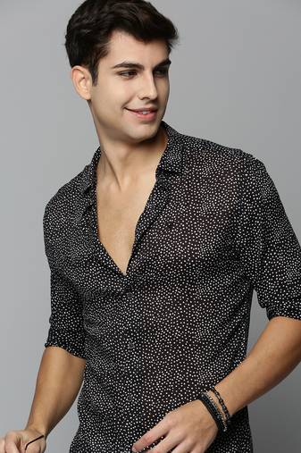 men's long sleeves polka dots black shirt