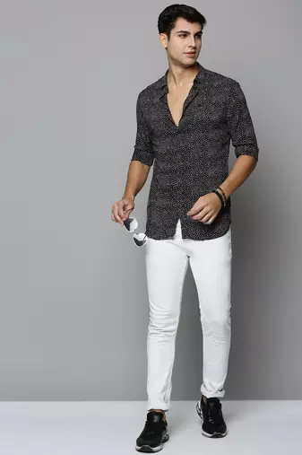 men's long sleeves polka dots black shirt