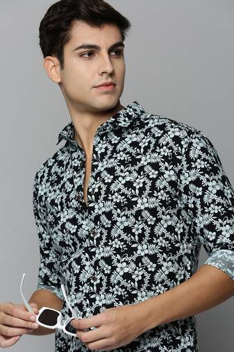 men's long sleeves floral black shirt
