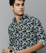 men's long sleeves floral black shirt