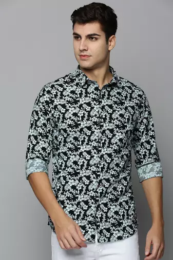 men's long sleeves floral black shirt