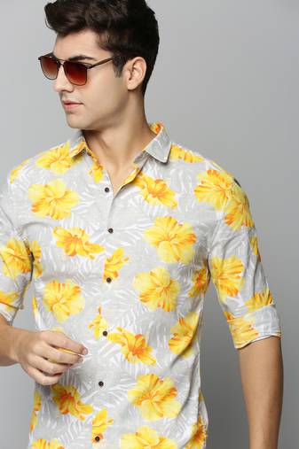 men's long sleeves floral grey shirt