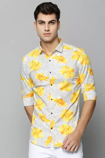 men's long sleeves floral grey shirt