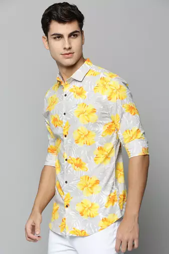 men's long sleeves floral grey shirt