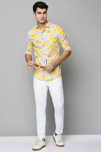 men's long sleeves floral grey shirt