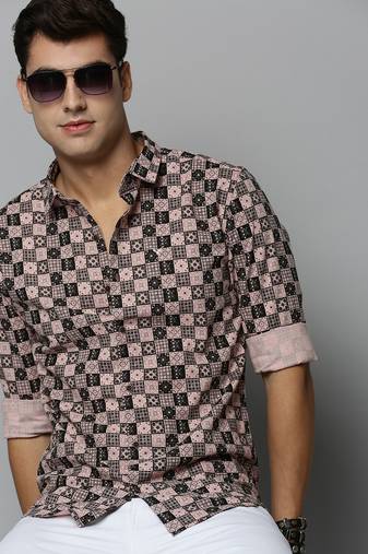 men's long sleeves geometric peach shirt
