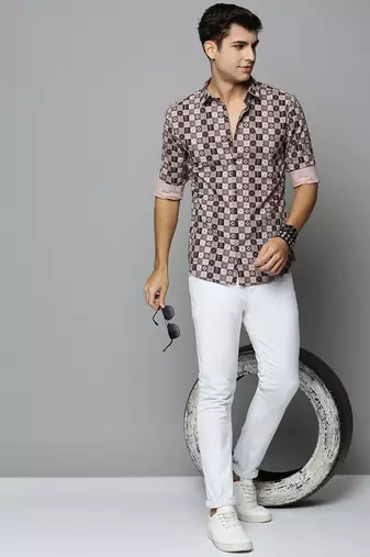 men's long sleeves geometric peach shirt