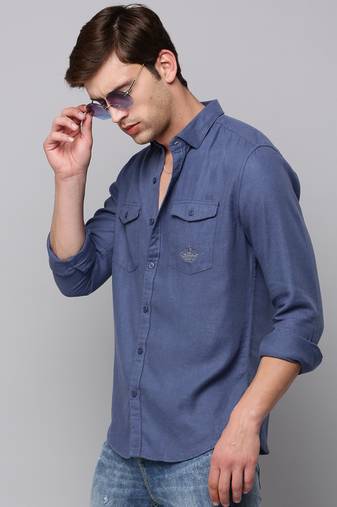 men's long sleeves solid navy blue shirt