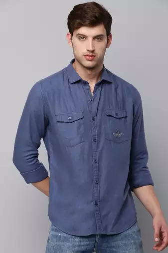 men's long sleeves solid navy blue shirt