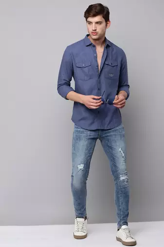 men's long sleeves solid navy blue shirt