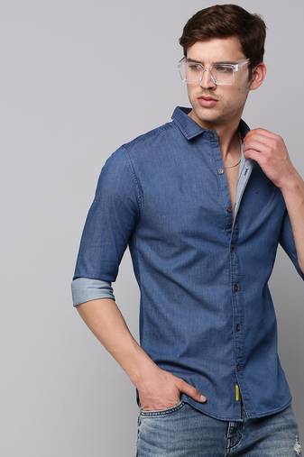 men's long sleeves solid navy blue shirt