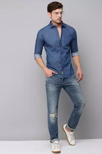 men's long sleeves solid navy blue shirt