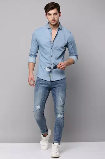 men's long sleeves solid blue shirt