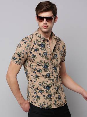 men's short sleeves floral tan shirt 1