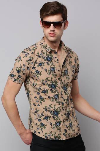 men's short sleeves floral tan shirt