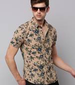 men's short sleeves floral tan shirt