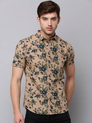 men's short sleeves floral tan shirt 2