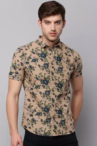 men's short sleeves floral tan shirt
