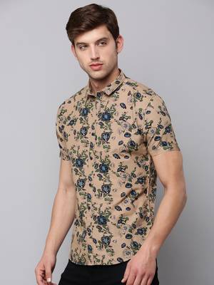 men's short sleeves floral tan shirt 3