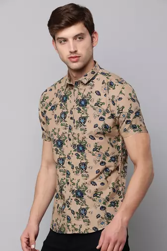 men's short sleeves floral tan shirt