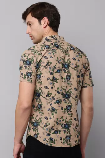 men's short sleeves floral tan shirt