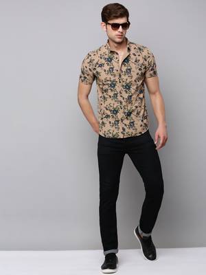 men's short sleeves floral tan shirt 5