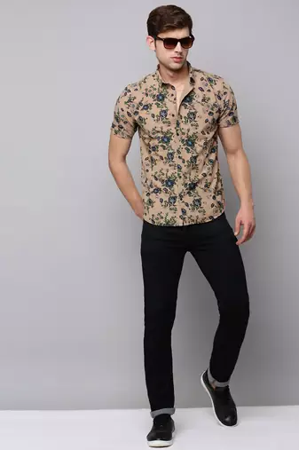 men's short sleeves floral tan shirt