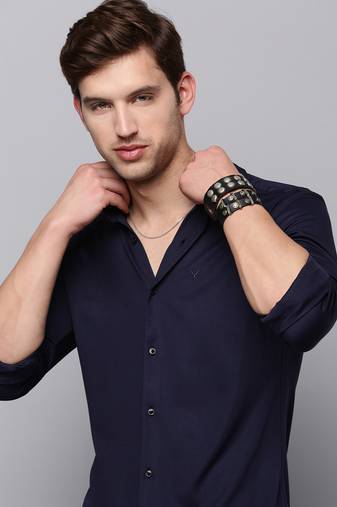men's long sleeves solid navy blue shirt