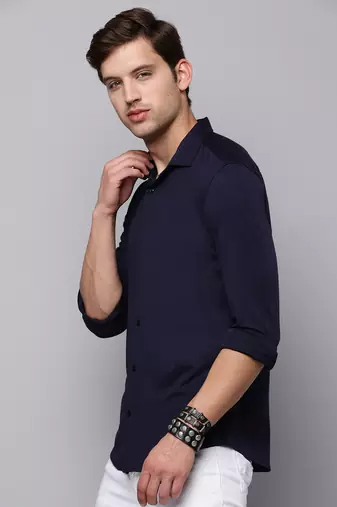 men's long sleeves solid navy blue shirt