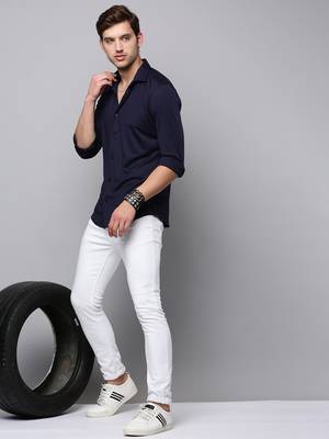 men's long sleeves solid navy blue shirt 5