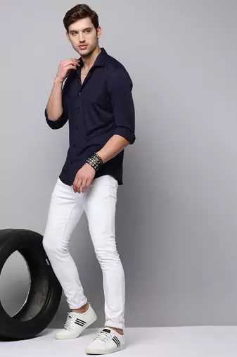 men's long sleeves solid navy blue shirt